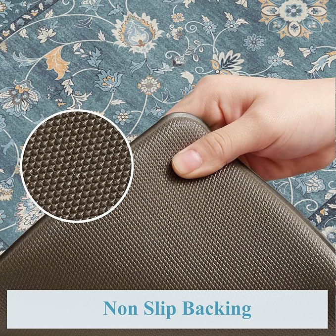 KIMODE Kitchen Floor Mat Anti Fatigue, Cushioned Kitchen Rug 2 Piece | Blue,Memory Foam Kitchen Mat for Floor Cushioned ,Boho Vintage Floral Kitchen Rug Non Slip for Laundry Sink Office Home Decor