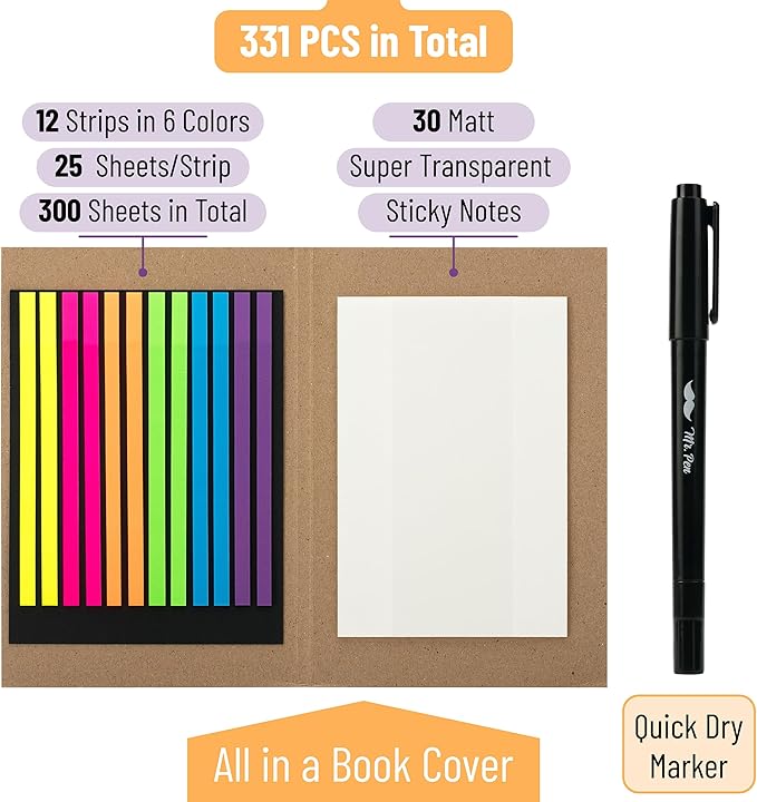 Mr. Pen- Bible Highlighter Tape and Note Set - 331pc Transparent Sticky Index Tabs with Book Highlighter Strips