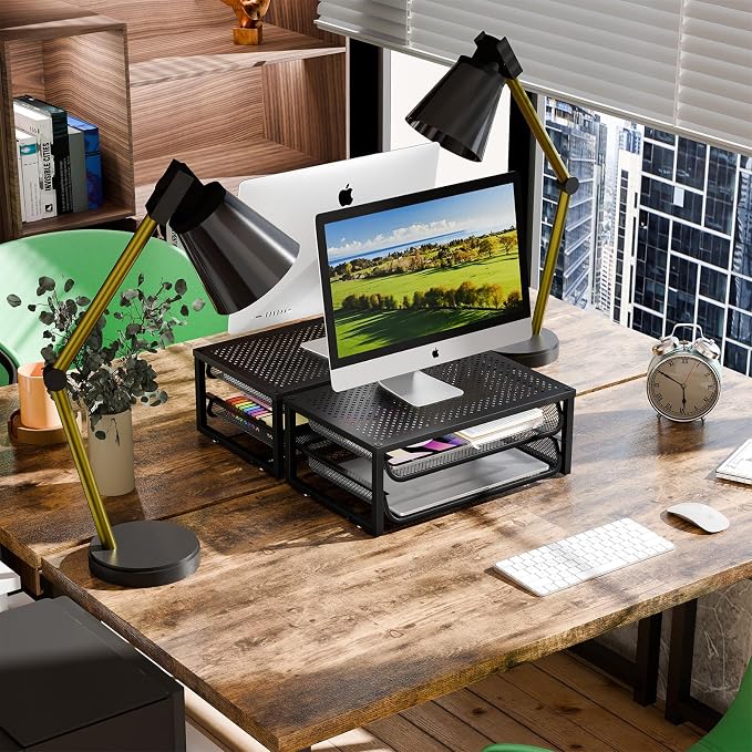 Ekisemio 2-Pack 2-Tier Monitor Stand Riser with Drawer, Metal Computer Desk Organizer for Home Office, Black