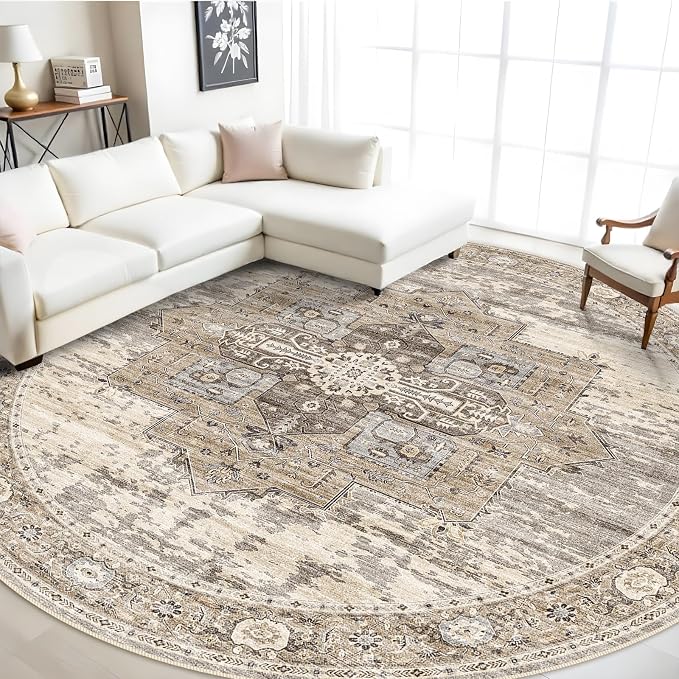 RUUGME 9ft Round Area Rug - Large Boho Rugs for Living Room Stain Resistant Carpet Vintage Tribal Rugs for Bedroom Kitchen Bathroom with Non Slip Backing Home Decor Floor Decoration Mat 9ft Beige