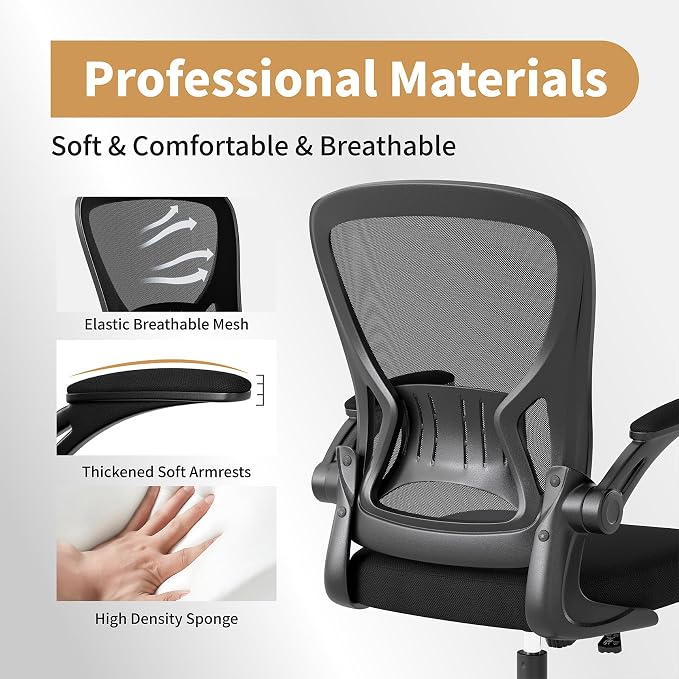Youhauchair Adjustable Mesh Ergonomic Office Chair with Wheels, Black | Flip-up Arms, Lumbar Support, Home Desk Chair, Height Adjustable, Breathable, Mid Back Swivel Compurter Chair, Set of 1