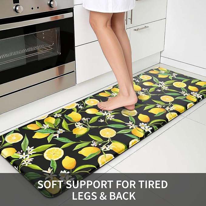 MAYHMYO Lemon Kitchen Decor Mat Set, 2PC Kitchen Mats, Anti Fatigue | Lemon Pattern,Lemon decor,Cushioned comfort,Non-slip backing,Easy to clean,Water-resistant,Kitchen,Laundry