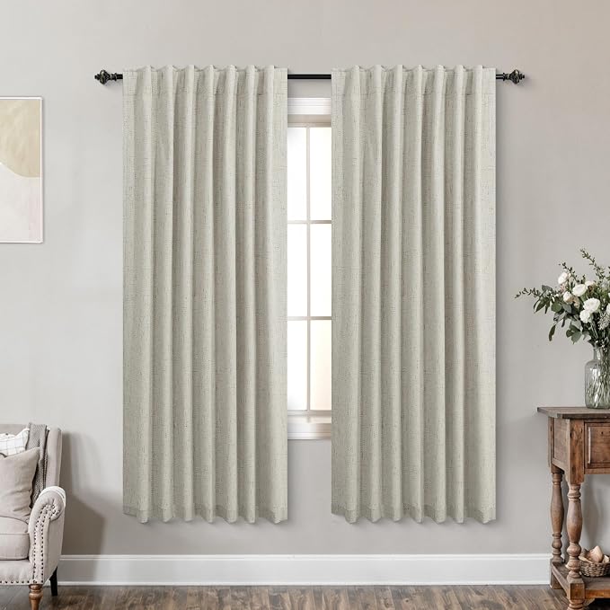 KOUFALL Neutral Greige Curtains Black Out 63 Inch Long,Back Tab Linen Blackout Curtains 63 Inch Length for Bedroom Living Room