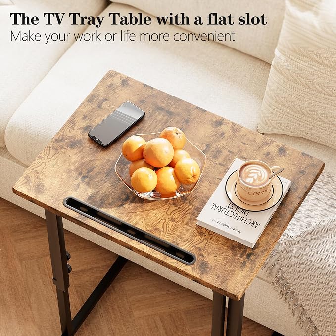 Adjustable Folding TV Tray, C-Shaped FoldableTable for Couch, Brown | Heavy-duty steel frame, No assembly needed, Height adjustable, Folds flat for storage, For Small Space, Living room