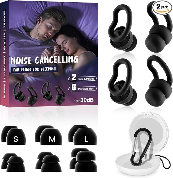 Noise Cancelling Ear Plugs for Sleeping - 2 Pairs Reusable Soft Silicone Noise Block Earplugs for Sound Proof, 30db Noise Reduction Earplug for Sleep, Snoring Blocking, Concert (Black)