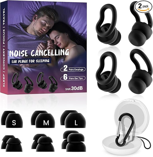 Noise Cancelling Ear Plugs for Sleeping - 2 Pairs Reusable Soft Silicone Noise Block Earplugs for Sound Proof, 30db Noise Reduction Earplug for Sleep, Snoring Blocking, Concert (Black)