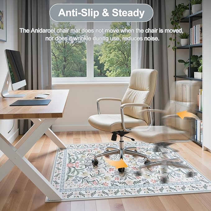 Anidaroel Desk Chair Mat for Hardwood Floor/Tile Floor, 36"x48" Boho Computer Chair Mat, Anti-Slip Floral Office Rugs for Rolling Chairs, Low Pile Beige Desk Chair Mats for Hardwood