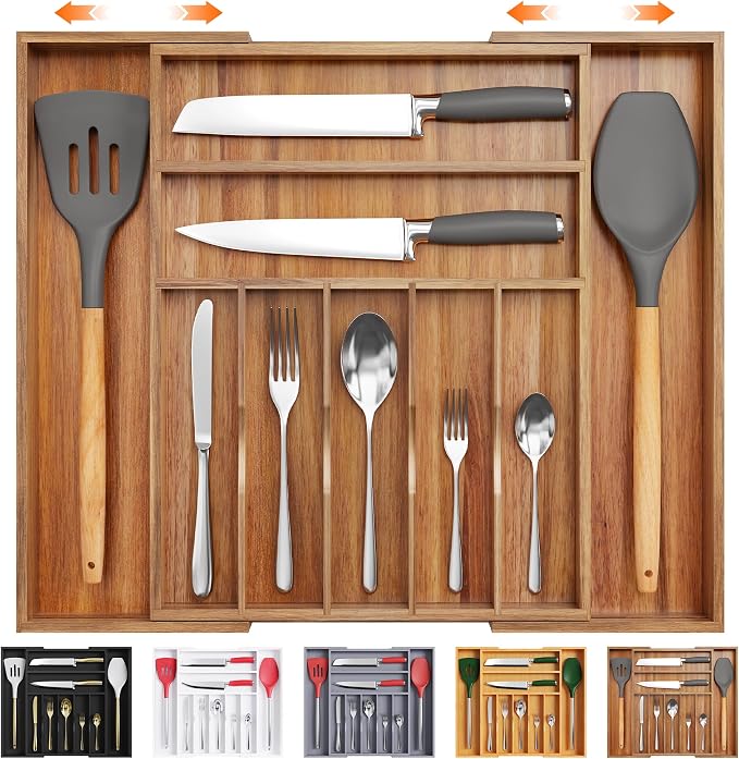Large Premium Acacia Wood Silverware Organizer - Expandable Utensil Drawer Organizer - 17"x19.6" Utensil Holder and Cutlery Tray with Grooved for Kitchen Flatware Utensils(7-9 Slot, Acacia)
