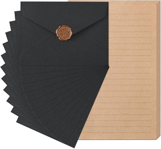 48 Pieces Stationery Set with Envelopes (24 Kraft Paper Sheets + 12 Linen Texture Envelopes+12 Wax Seal Stickers), Stationery Letter Writing Paper Set for Love Letters and Party Invitations (Black)