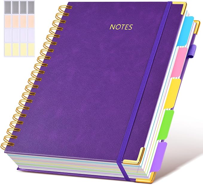 Hardcover Spiral Notebook 8.5"x11" Journal with Removable Dividers Tabs, 300 Pages Leather 5 Subject Notebook College Ruled, Large Notebooks for Work School, Lined Journal for Women, A4 Dark Purple
