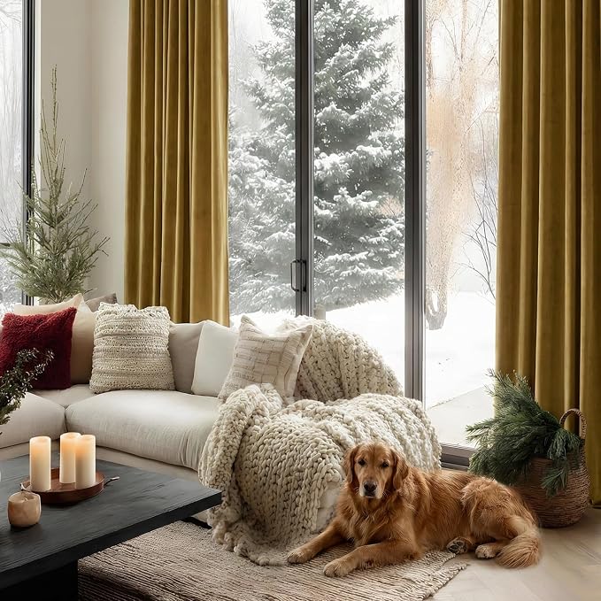 84 Inch Gold Velvet Curtains for Living Room & Bedroom, Thermal Insulated Blackout Curtain Heavyweight Room Darkening Window Drapes with Back Tab & Rod Pocket, Gold Brown, 52W x 84L, 2 Panels