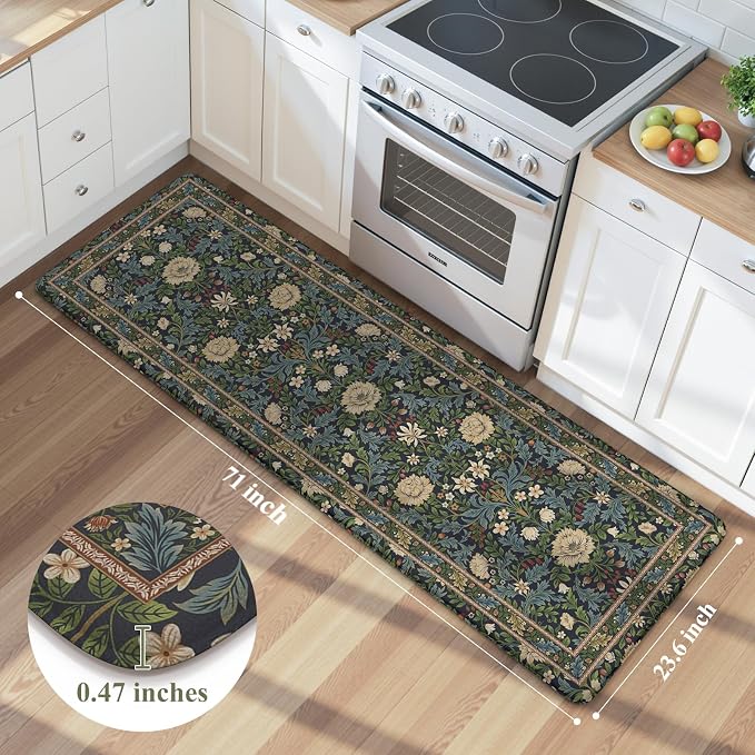 KIMODE Kitchen Mats for Floor Anti Fatigue,Cushioned Runner Rug | Black,Vintage Boho Floral Runner Rug Non Slip Waterproof, Wide Long Padded Kitchen Floor Mat for Laundry Sink Office Home