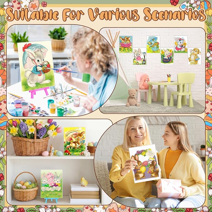Blosssound 10 Set Easter Vintage Pre Printed Canvas Bunny Eggs Pre Drawn Canvas Painting with Easel Kits 5" x 7" Outline Painting Panels for Beginners, DIY Craft Project, Party Favor, Home Decors