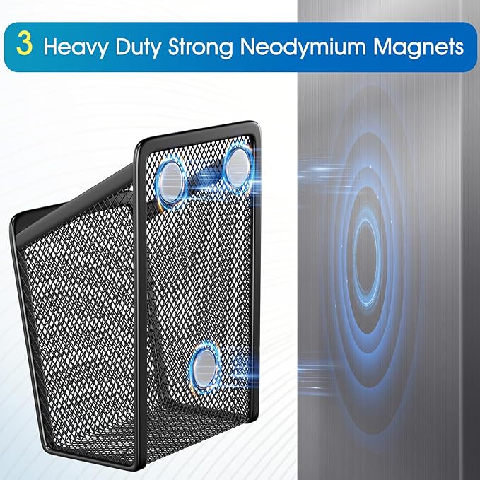 MaxGear Magnetic Pen Holder, 2 Pack Mesh Pencil Holder for Desk Storage Basket Organizer Marker Holder - Extra Strong Magnets Perfect for Locker Accessories, Refrigerator, Whiteboard, School Office
