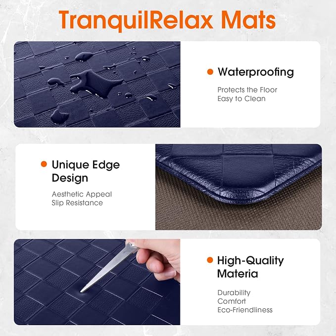 TranquilRelax Kitchen Mats, 2PCS Kitchen Rugs, Cushioned Anti Fatigue Kitchen Mats for Floor, Non-Slip Standing Desk Mat, Waterproof Kitchen Rug Set for Kitchen, Floor, Office,17.3"×30"+17.3"×47",Blue