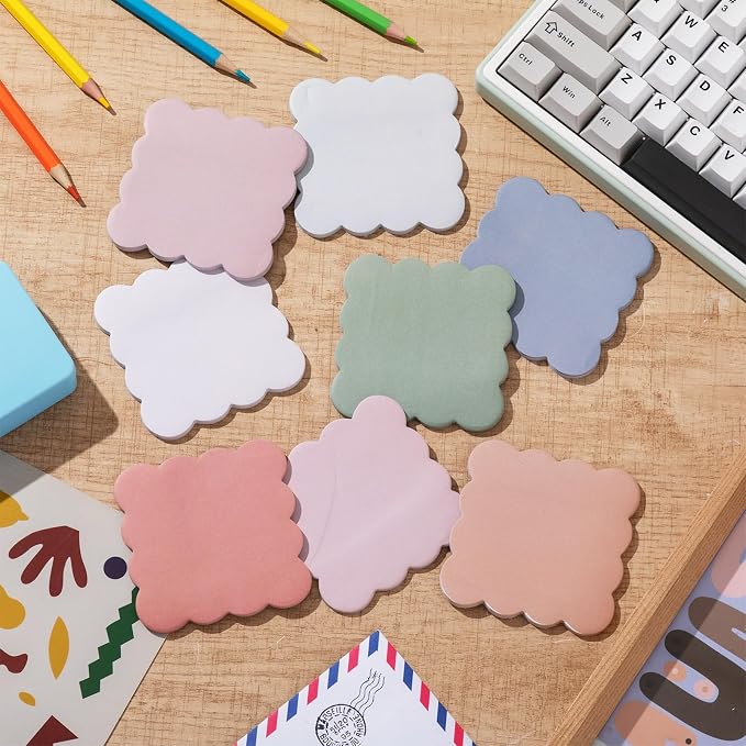 Eaasty 8 Pack Scalloped Sticky Notes Cute Adhesive Memo Pads Vintage Colors Aesthetic Unlined Self Stick Note Pads 3" x 3" Pretty Wavy Sticky Notes Bulk 240 Sheets for School Office Supplies