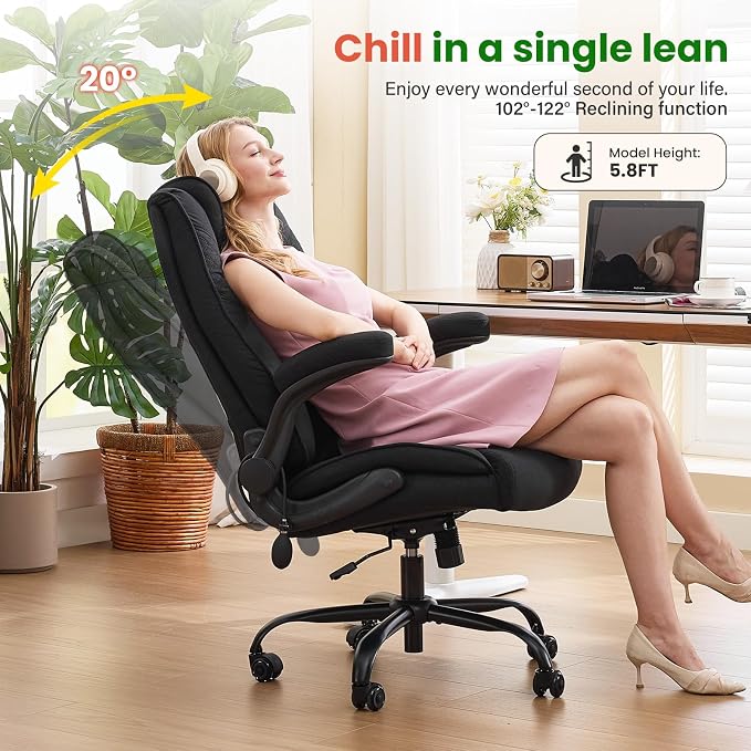 CIOMAN 500lbs Big and Tall Office Chair with Inflatable Lumbar Support, Rubber Wheels Executive Chair with Rocking Function, High Back Wide Cushion Ergonomic Desk Chair for All-Day Sitting,Black