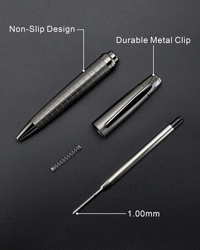 Cambond Ballpoint Pens Black Ink - Weighted Metal Twist Gun Black Pens for Police Uniform Flight Attendant Business, 1.0 mm Medium Point Smooth Writing, 3 Pens with 6 Refills (Gun Black)