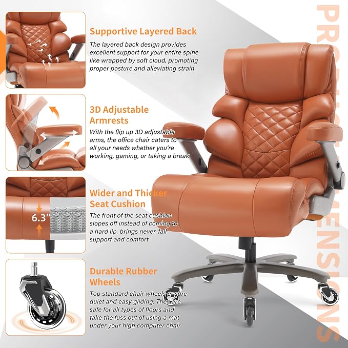 VUZI 700lbs Big and Tall Office Chair, Large Executive Leather Desk Chair | Adjustable Lumbar Support for Back Pain, Plus Size Wheels, 3D Flip Arms, Heavy Duty Metal Base, Wide Seat Computer Chair