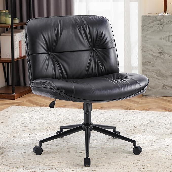 Sweetcrispy Armless-Office Desk Chair with Wheels, Cross Legged Wide Chair, PU Leather Comfortable Adjustable Swivel Computer Task Chairs for Home,Office,Make Up,Small Space,Bed Room Black
