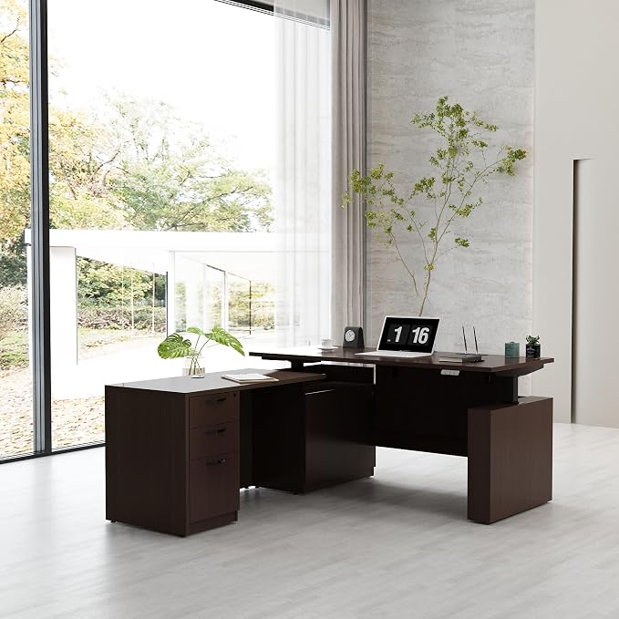 66.93'' L Shaped Executive Standing Desk with Pre-Assembled Frame & Lockable Cabinets, Height Adjustable Desk Dual-Motor Sit-Stand Workstation for Corporate & Home Office (Espresso)