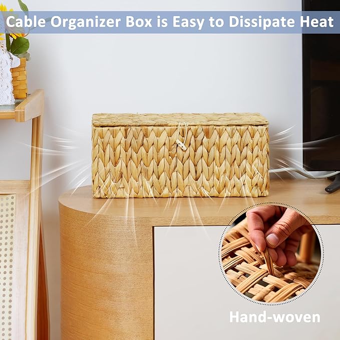 efluky 2 Pack Water Hyacinth Floor Cord Covers with Lid, Hand-Woven Cable Management Box, 2 Open Slots Cord Box to to Hide USB Wire, Power Strip & Charger for Home & Office and Dorm, Natural