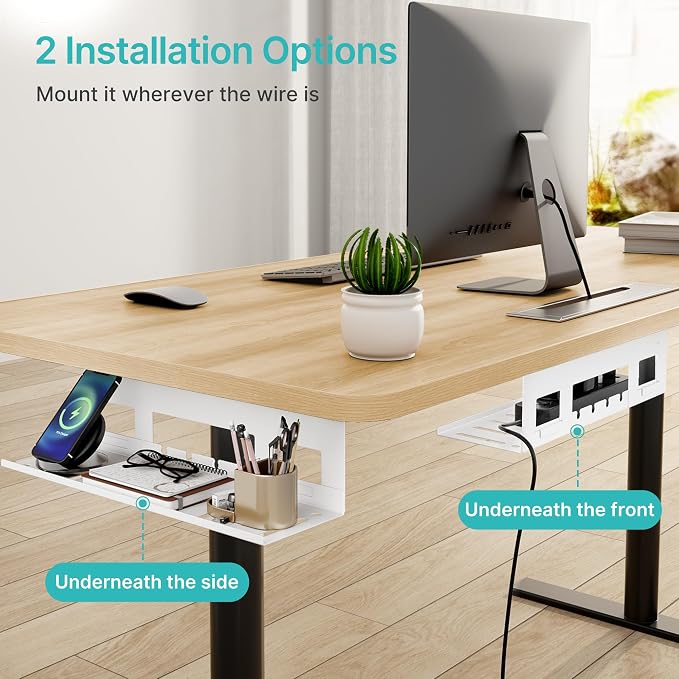 Under Desk Cable Management Tray, 15.7'' Screw-Mount Steel Rack | Metal Cord Organizer for Power Strips, Chargers, Reversible Installation, Effortless Wire Management for Home Office, White