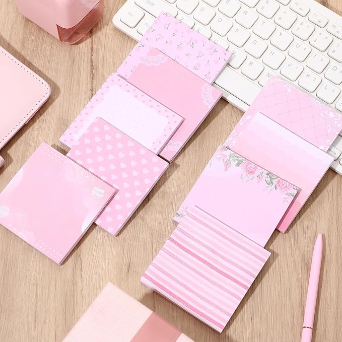 9 Pcs Aesthetic Sticky Notes Cute Pastel Self Stick Notepads Easy to Post Desk Supplies for Home Office Decor School Accessories Women Birthday Coworker Gifts(Pink)