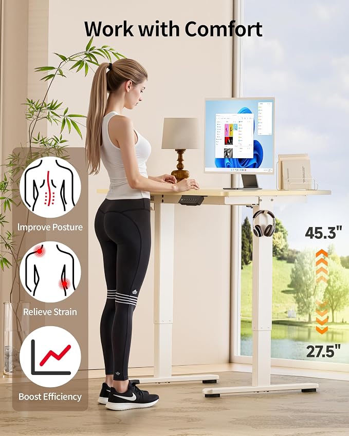 Okin Standing Desk Electric Adjustable Computer Whole Piece Stand up Desk Office Gaming Home Office Memory Desks 48x24 inches Cream Brown