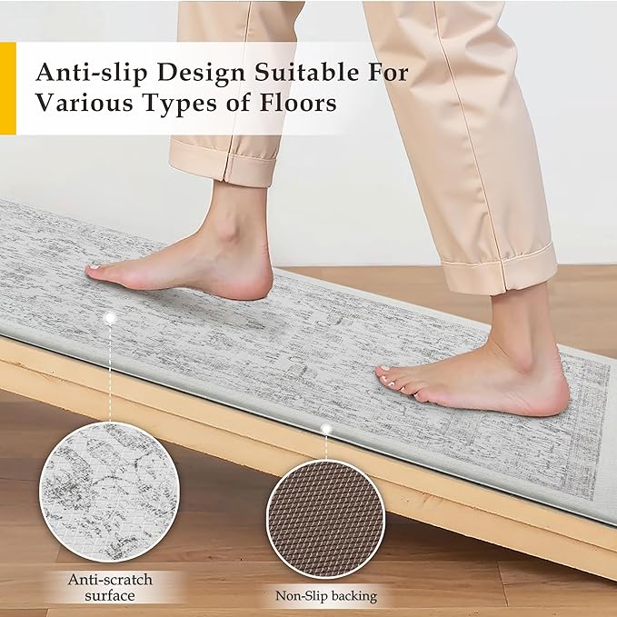 Kitchen Mats 2PCS Anti Fatigue Cushioned Mat Gray Vintage Kitchen Mats for Floor Waterproof Non Slip Comfort Standing Grey Retro Floral Rug for Sink Laundry Office 17.3"x47"+17.3"x30"