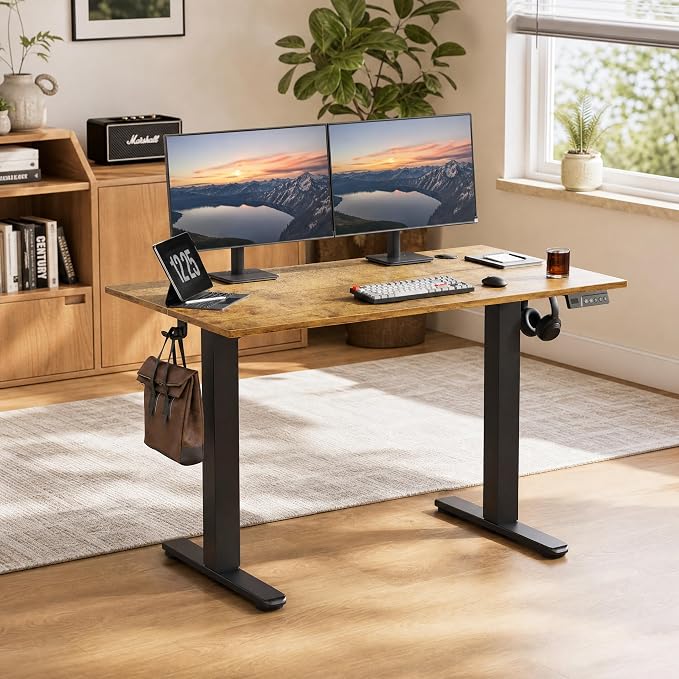 Claiks Electric Standing Desk 40x24 Inch Adjustable Desk, Rustic Brown | 156lbs weight capacity, 3 memory presets, industrial steel frame, cable management hub, adjustable height , easy assembly
