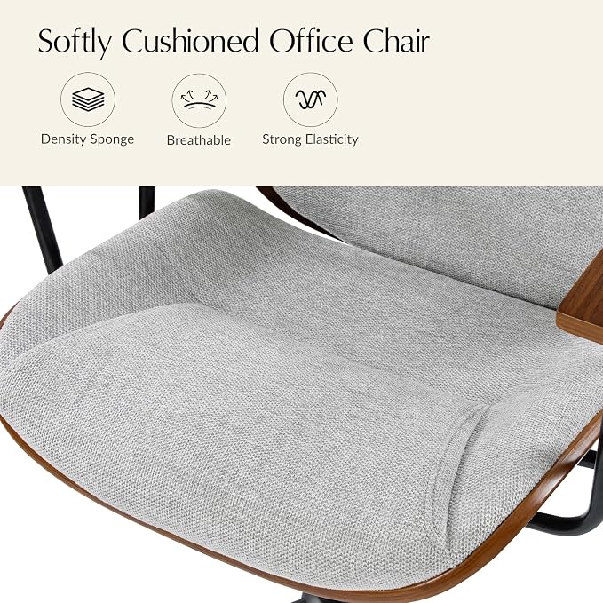 HULALA HOME Solid Wood Office Chair with Tilt Function & Metal Base, Grey | Mid Century Modern Desk Chair with Bent Wood Frame, 360° Swivel Fabric Computer Task Chair, Height Adjustable