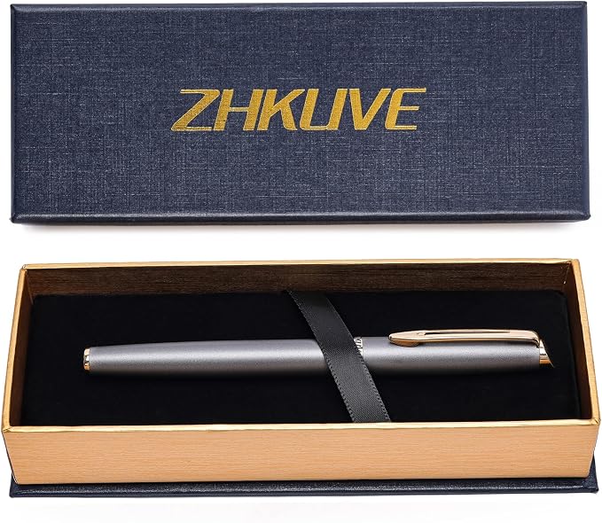 ZHKUVE Luxury Rollerball Pen, Stunning Gray Lacquer with 24K Gold Trim, Switzerland Tip with Black Ink Refills, Elegant Gift Set for Men & Women, Executive Writing