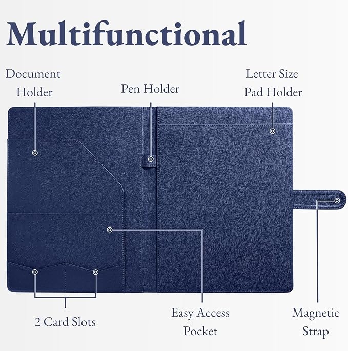 Mymazn Padfolio Portfolio Folder, Faux Leather Interview Resume Folder with Document Organizer & Business Card Holder, Letter-Sized Notepad Legal Pad Holder for Men Women (Deep Blue)