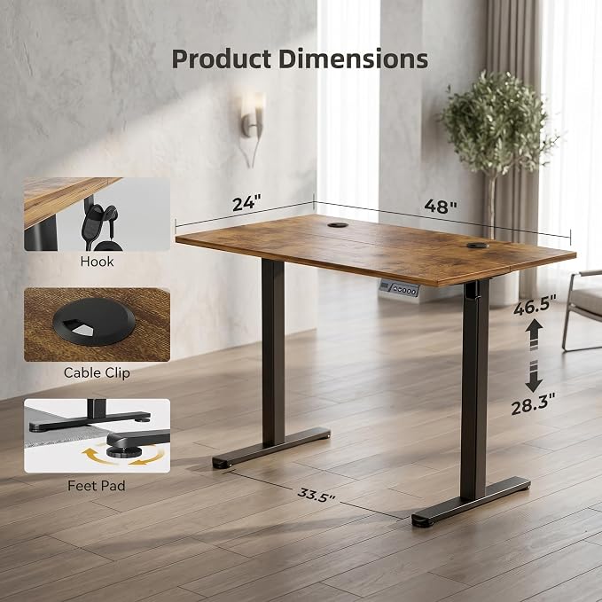 Claiks 48 x 24 Inch Rustic Brown Electric Standing Desk | Adjustable Height, Sit Stand, 3 Memory Presets, Cable Management, Spacious Ergonomic, Home Office & Bedroom