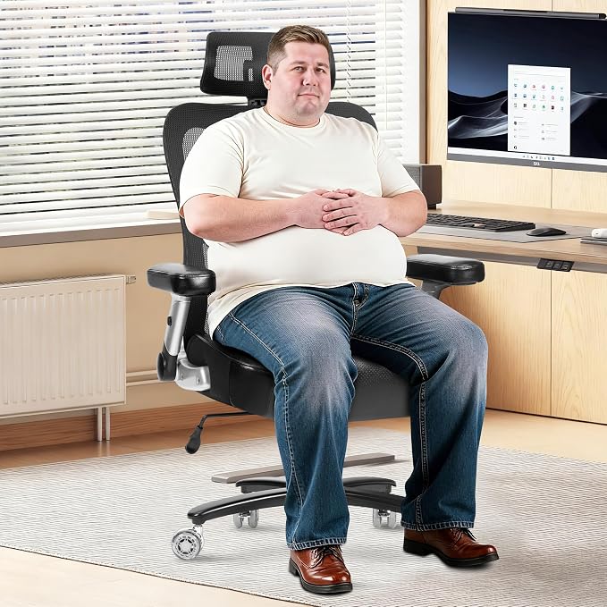 Super Big and Tall Office Chair 700lbs- Heavy Duty Executive Computer Chair with Rubber Wheels 3D Flip Arms, Ergonomic Mesh High Back Desk Chair, Wide Seat Adjustable Lumbar Support & Headrest