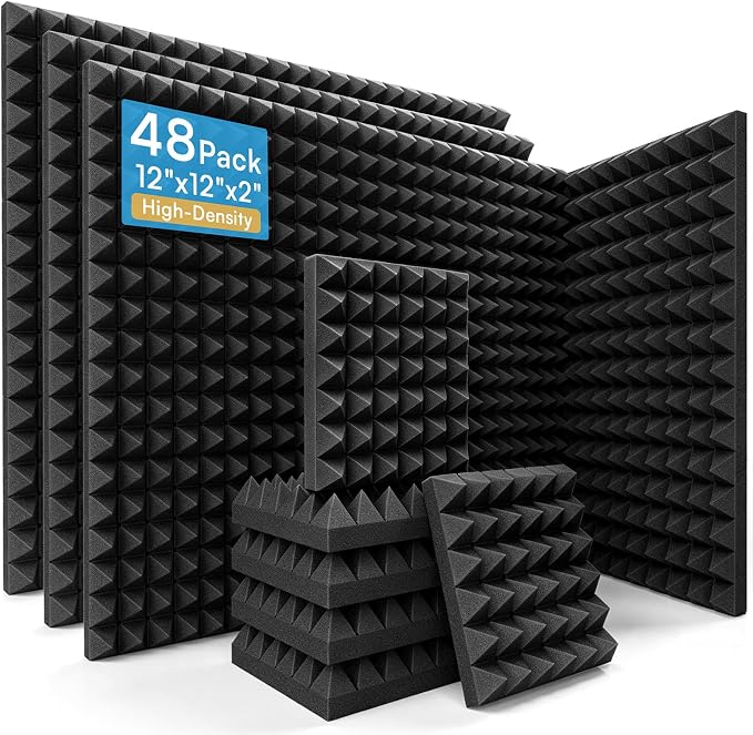 48 Pack Pyramid Acoustic Foam Panels, 12" x 12" x 2", Black | Flame-Retardant, 30 kg/m³ High Density, 2" Thick, Pyramid Design, Non-Adhesive