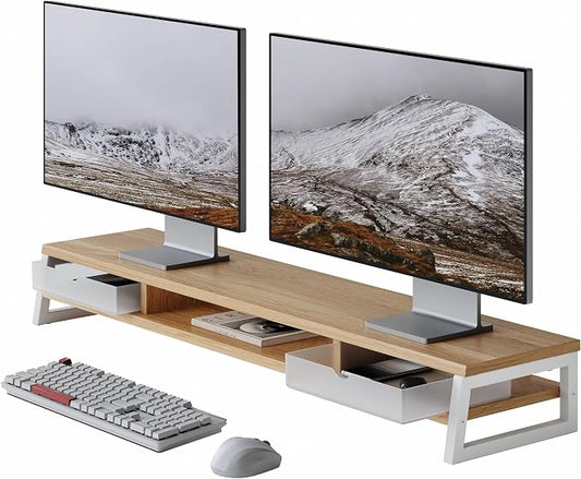 Fenge Dual Monitor Stand, Monitor Riser with Drawer, 42.5 Inch Large Computer Monitor Stand for 2 Monitors, 2 Tier Wooden Desk Shelf for Top of Desk