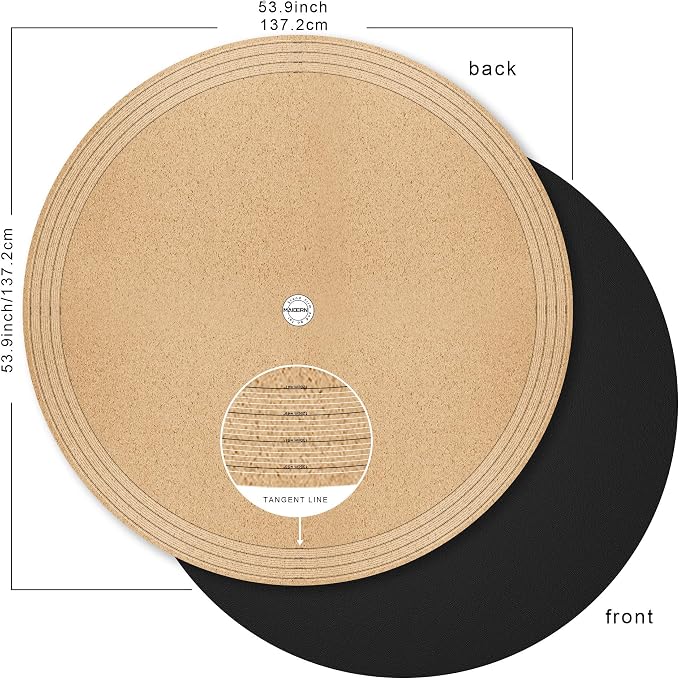MAIDERN 54 Inch Round Cork & Leather Table Pad Protector, Cuttable Size (48-54 Inch), Trimmable Dining Table Mat, Heat Resistant/Non-Slip Table Cover for Kitchen, Office, or Restauran (Black)