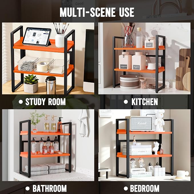 Brakki Desk Shelf Organizer, 2-Tier Desktop Bookshelf, Small Office Shelf | Adjustable Shelf, Metal Desktop Rack for Dorm, with Foot Mat, Multi-Functional Organization, Black and Orange
