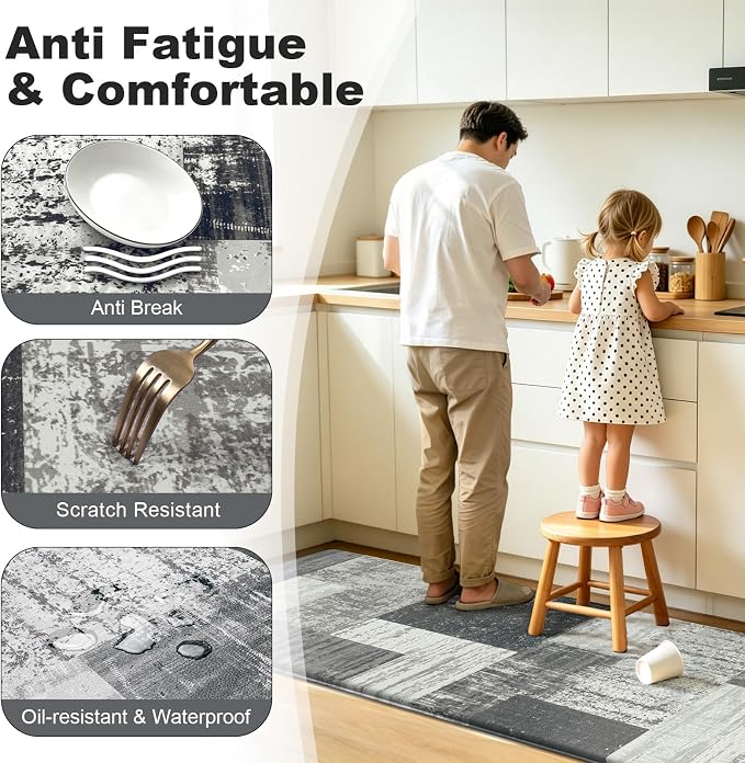 LOKHOM Anti Fatigue Kitchen Mats for Floor, 24x59 Non Slip Modern Cushioned Standing Comfort Kitchen Runner Rug, Waterproof Geometric Patchwork Memory Foam Padded for Sink Laundry Office, Grey