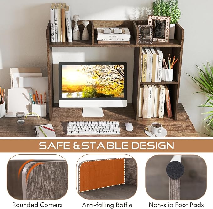 Tangkula Desktop Bookshelf, Countertop Storage Hutch with Shelves for Computer Desk, Desk 3-Tier Display Rack, Multipurpose Wood Desktop Hutch Storage Organizer for Dorm Office
