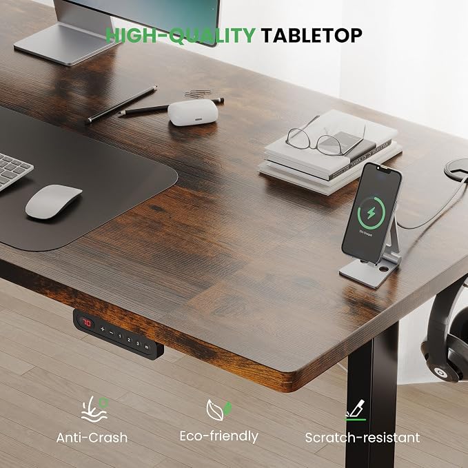 SIAGO Rustic Brown 47x24 in Electric Standing Desk, 0.8 Inch Thick Tabletop | Holds 200lbs, Sit Stand, 3 Memory Height Adjustment, Extra Deep Table Top, Black Frame
