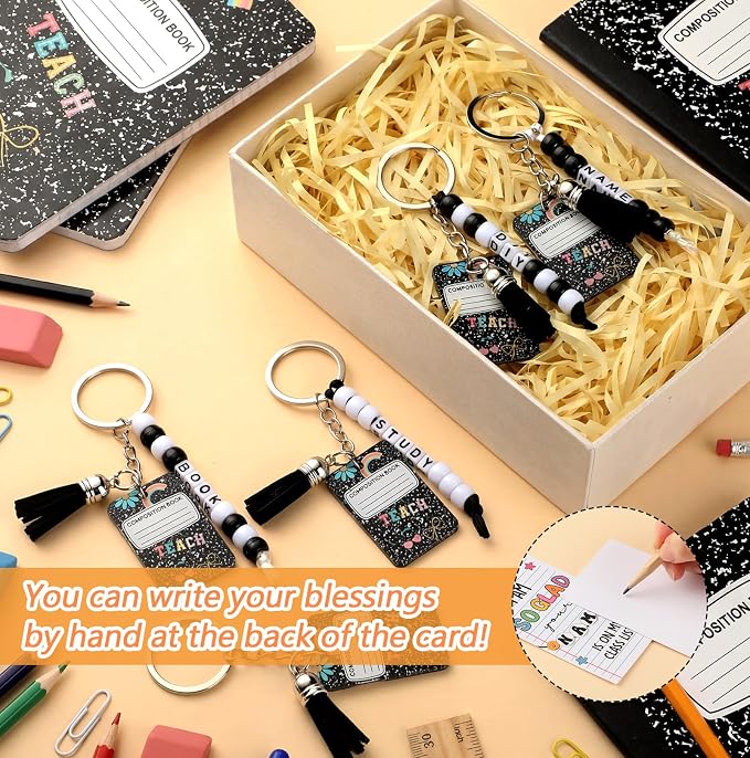 Suncalla 996 Pcs 24 Set Composition Book Keychain Making Kit Back to School Gifts DIY Bead Key Chain Crafts Adjustable Name Bead Notebook Card Kit Back to School Jewelry Graduation Party Supplies
