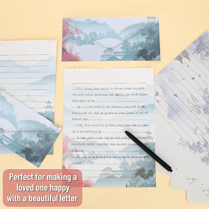 Mr. Pen- Stationery Writing Paper with Envelopes, 8.5 x 11 Inch | 160 Pack(50 Letter Writing Paper with 50 Envelopes and 60 Round Dot Sticker) Cherry Blossoms Cute Stationary Set with 10 Desi