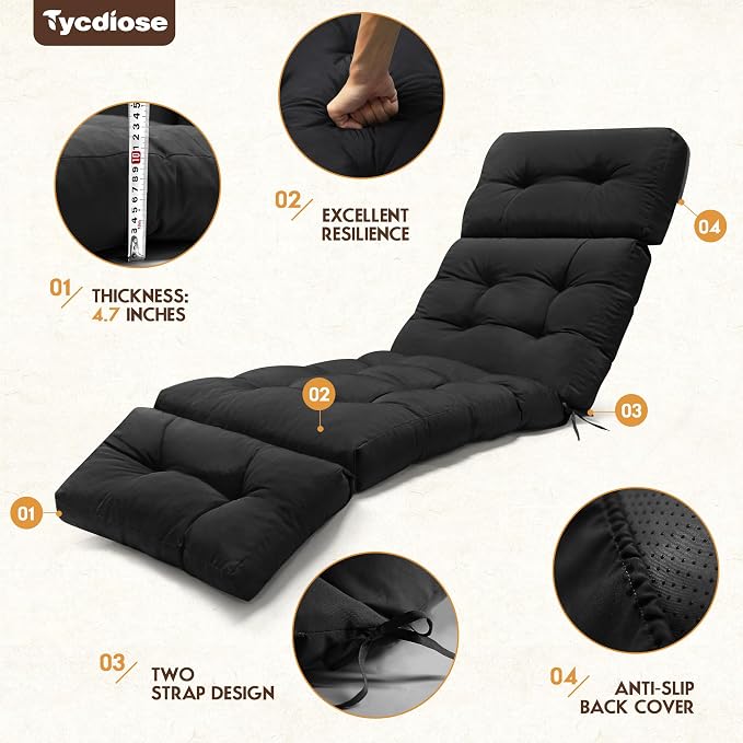 Chaise Lounge Cushions Outdoor Set of 2, 74.4 x 22 x 4.7 Inches Thickened Lounge Chair Cushions Waterproof for Outdoor Furniture with Ties, Non-Slip Patio Pool Chaise Lounge Cushions, Black