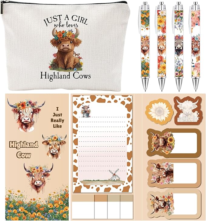 Highland Cow Stationery Sets, Highland Cow Gifts for Women Christmas Cow Lovers Stuff Include Scottish Sticky Notes Ballpoint Pens Makeup Bag Office Decor for Students School Teacher Meeting Supplies