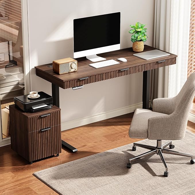55" Electric Standing Desk with File Cabinet,Height Adjustable Desk,Walnut | Standing Desk with Drawers, Roilling Filing Cabinet, File Cabinet with Drawers, Adjustable Desk for Home Office, Work, Study