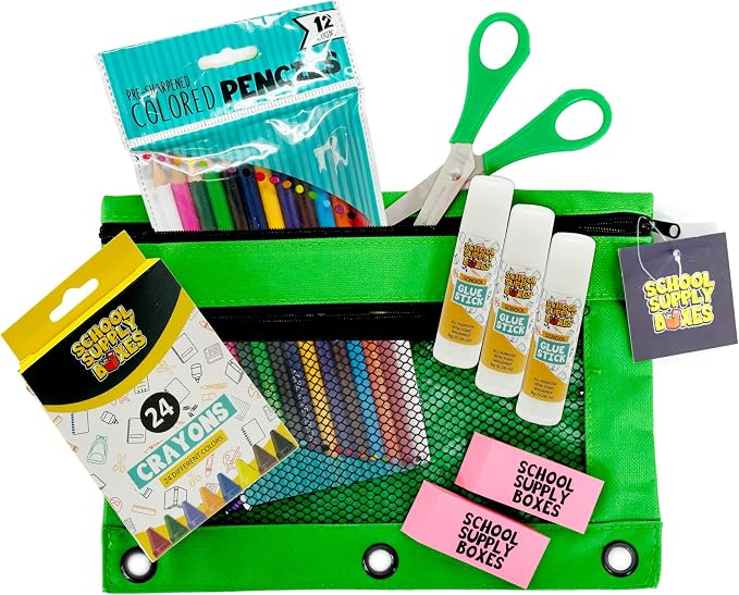 School Supply Boxes | 17" Solid Black Backpack Bundle for Elementary School | Back to School Bookbag with Supplies | Contains Crayons, Colored Pencils, Ruler, Disappearing Glue, Notebook, and More