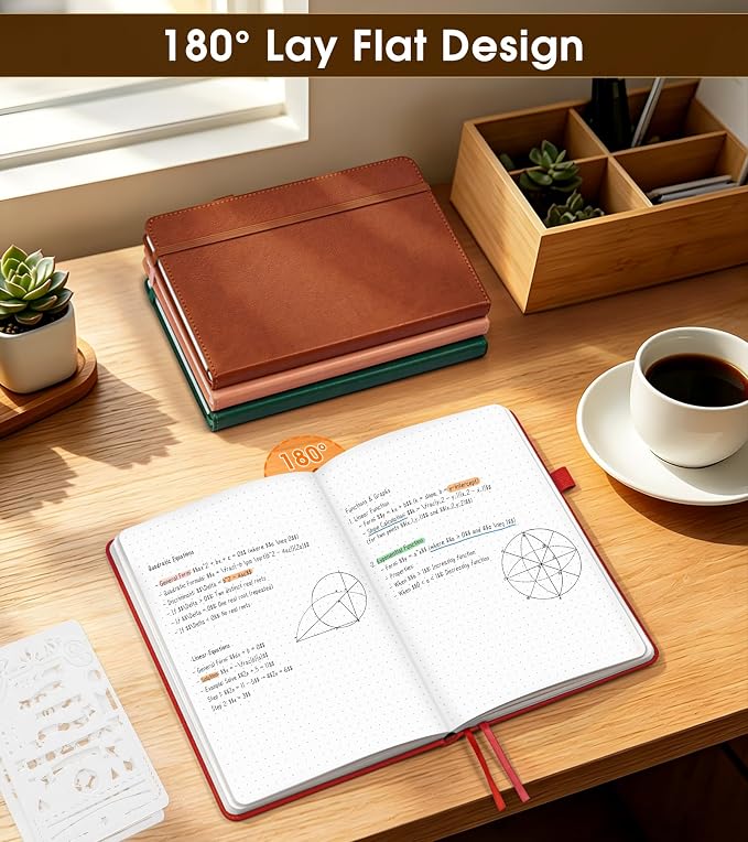 Dotted Journal Notebook, A5 Leather Hardcover, 160 Pages, 180° Lay-Flat Binding, 100 GSM Thick Paper, Dot Grid for Bullet Journaling, Planning & Daily Organization (Wine Red)